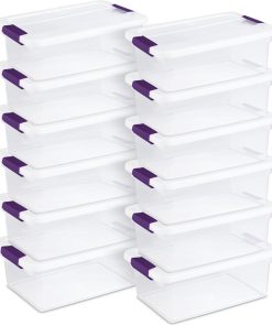 Sterilite 12-Pack ClearView Latch Box. Stackable Organizer Bins with Lids. 15 Quart - Clear Plastic Organization Containers for Closet. Bedroom. Shelving Units and Home or Office Storage | Clear Plastic Organizers with Color Accent Latches for Closet. Bedroom. Shelving Units. Dorm Room and Home Organization