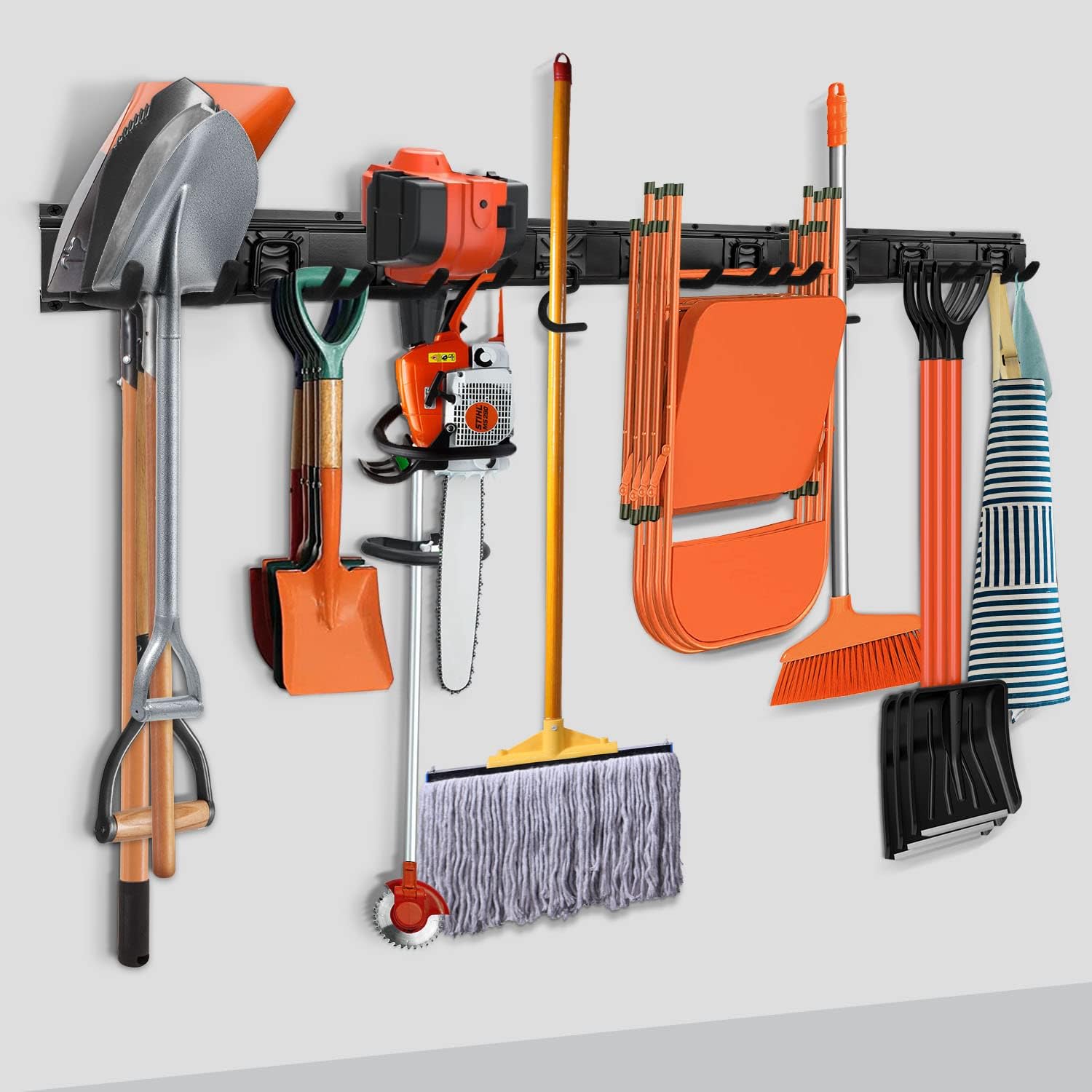 SMARTOLOGY Modular Heavy-Duty Steel Garage Tool Storage Rack - 150 lbs Weight Capacity Weather-resistant Powder-Coated Wall Mount Organizer for Shovels. Rakes. Ladders & Landscaping Equipment