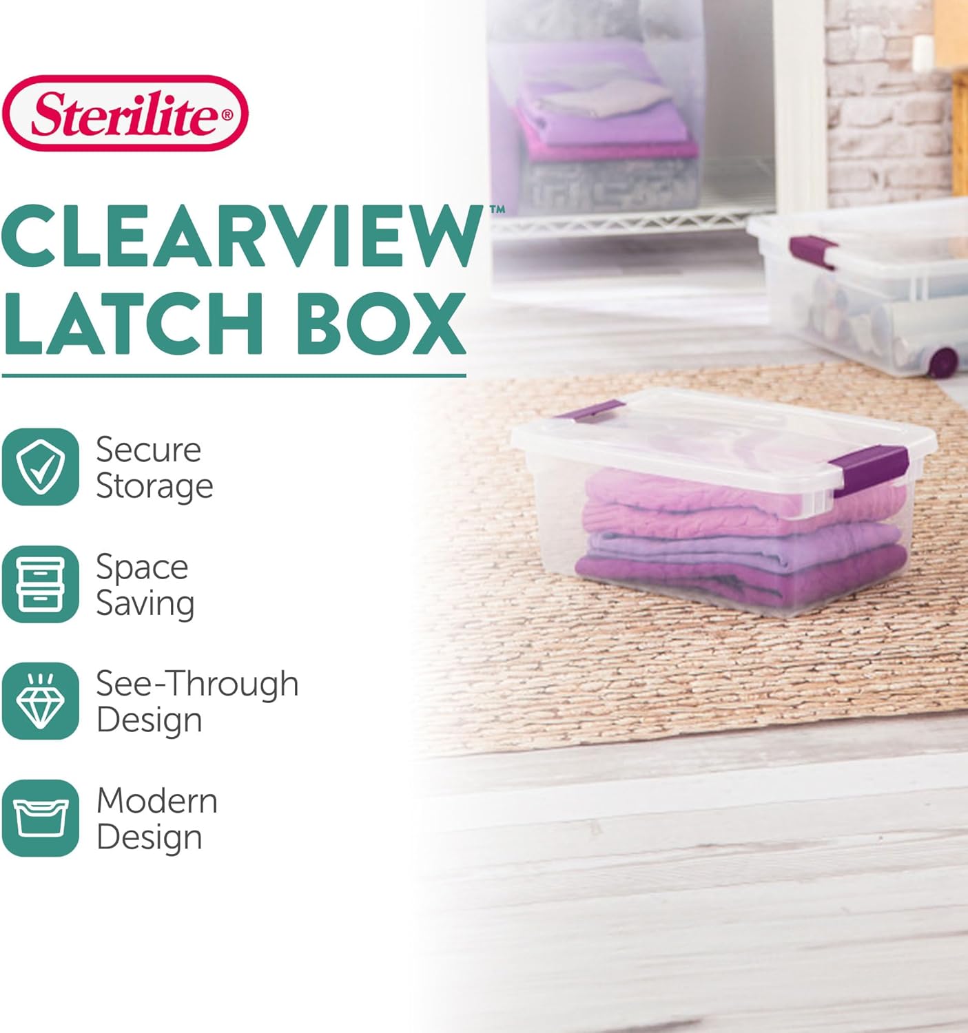 Sterilite 12-Pack ClearView Latch Box. Stackable Organizer Bins with Lids. 15 Quart - Clear Plastic Organization Containers for Closet. Bedroom. Shelving Units and Home or Office Storage | Clear Plastic Organizers with Color Accent Latches for Closet. Bedroom. Shelving Units. Dorm Room and Home Organization - Image 2