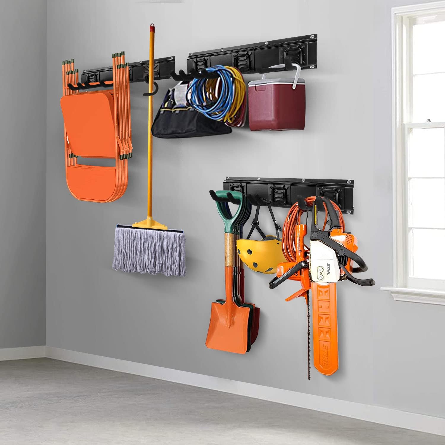 SMARTOLOGY Modular Heavy-Duty Steel Garage Tool Storage Rack - 150 lbs Weight Capacity Weather-resistant Powder-Coated Wall Mount Organizer for Shovels. Rakes. Ladders & Landscaping Equipment - Image 7
