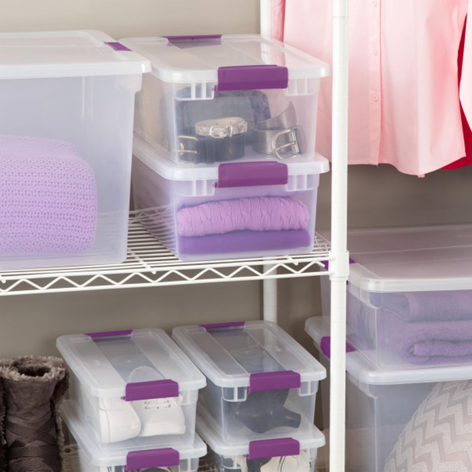 Sterilite 12-Pack ClearView Latch Box. Stackable Organizer Bins with Lids. 15 Quart - Clear Plastic Organization Containers for Closet. Bedroom. Shelving Units and Home or Office Storage | Clear Plastic Organizers with Color Accent Latches for Closet. Bedroom. Shelving Units. Dorm Room and Home Organization - Image 8
