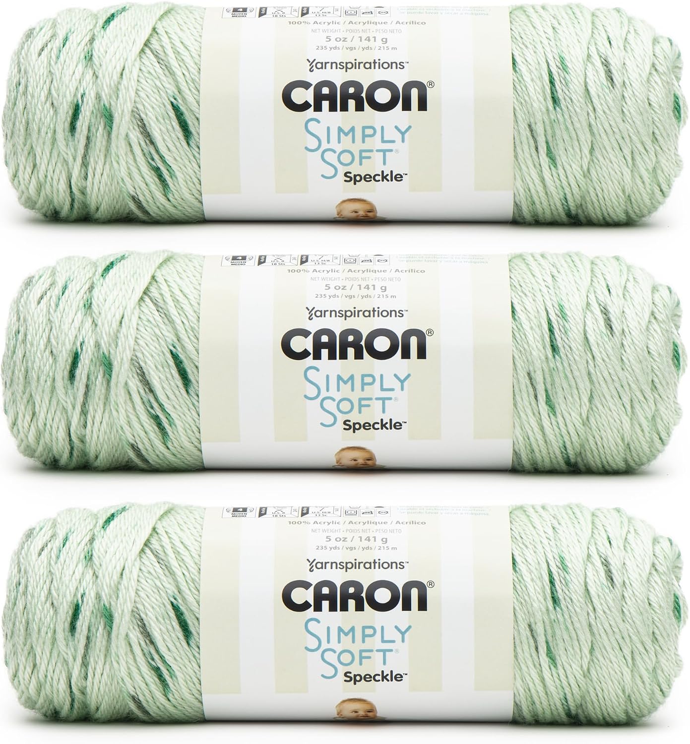 Caron Simply Soft Speckle White Sage Yarn - 3 Pack of 5oz/141g - Acrylic - #4 Worsted (Medium) - 235 Yards - Knitting & Crochet